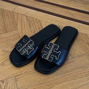 Tory Burch Black Slides with Gold Logo
